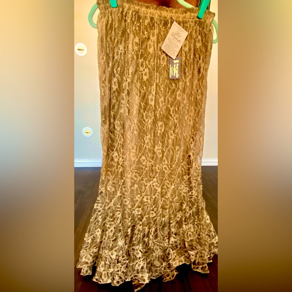 Pat Dahnke Vintage Lace Swirl Skirt Antique Gold Elastic Waist Sz M
